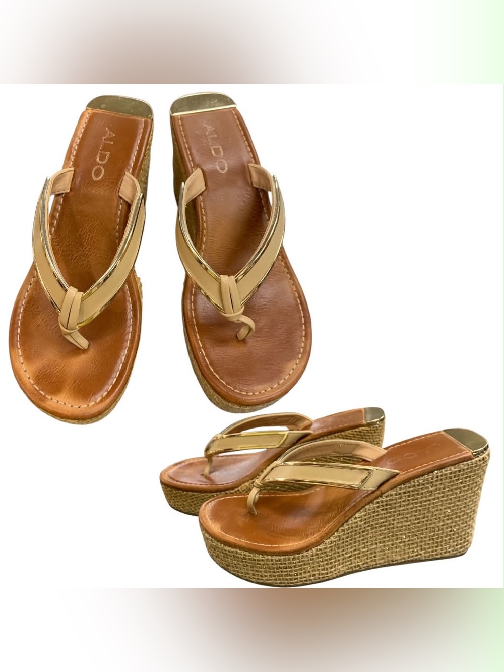 Aldo Gold and Brown Wedge Flip Flop Sandals S6